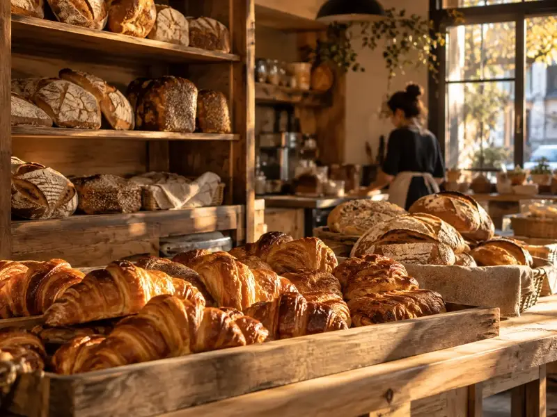 Estantes de panadería con croissants y hogazas