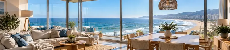 Living con ventanales y vista a la playa