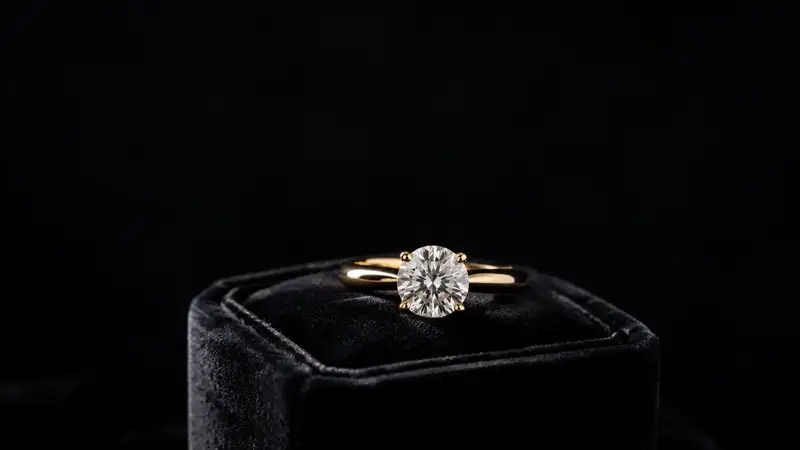 Anillo con diamante sobre un estuche negro